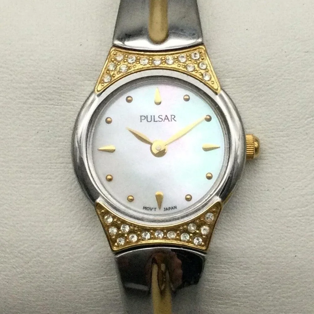 Pulsar Womens Watch 20mm MOP Dial Two Tone Crystals VX50-X252 Bracelet 5.75